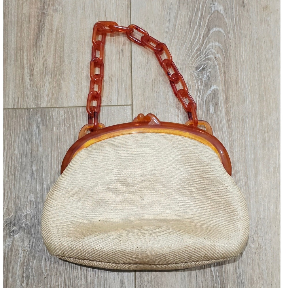 Lucite Amber Chain Straw Purse Woven Kiss Lock Clutch Mid Century Handbag Vtg